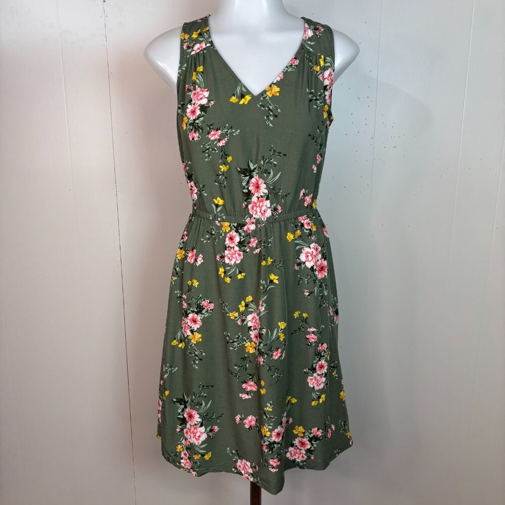 Old Navy Dress XS Green Floral Elastic Waist V-Neck Sleeveless Women's